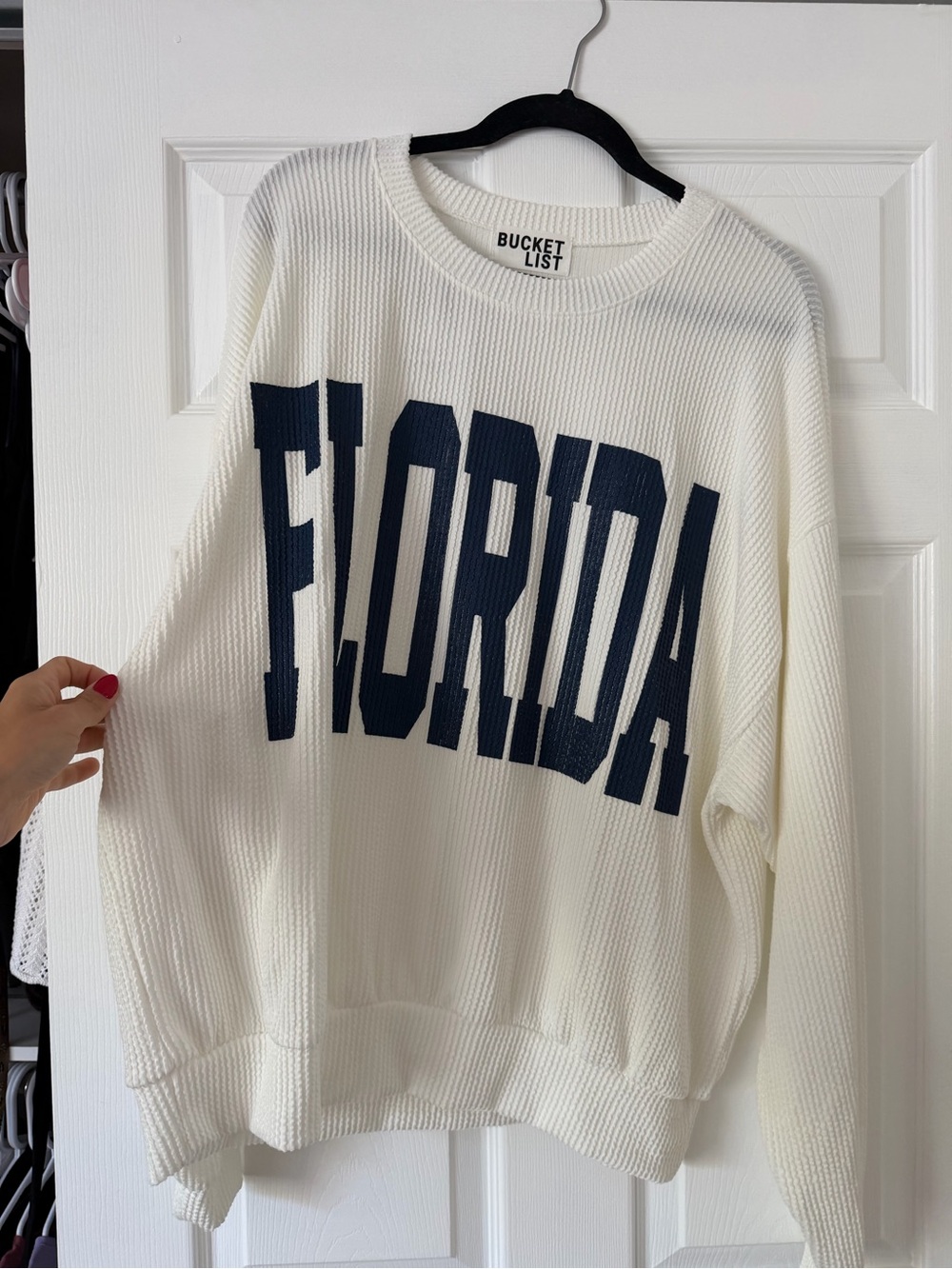 BUCKETLIST Cream Waffle Knit Sweater with Navy FLORIDA Lettering